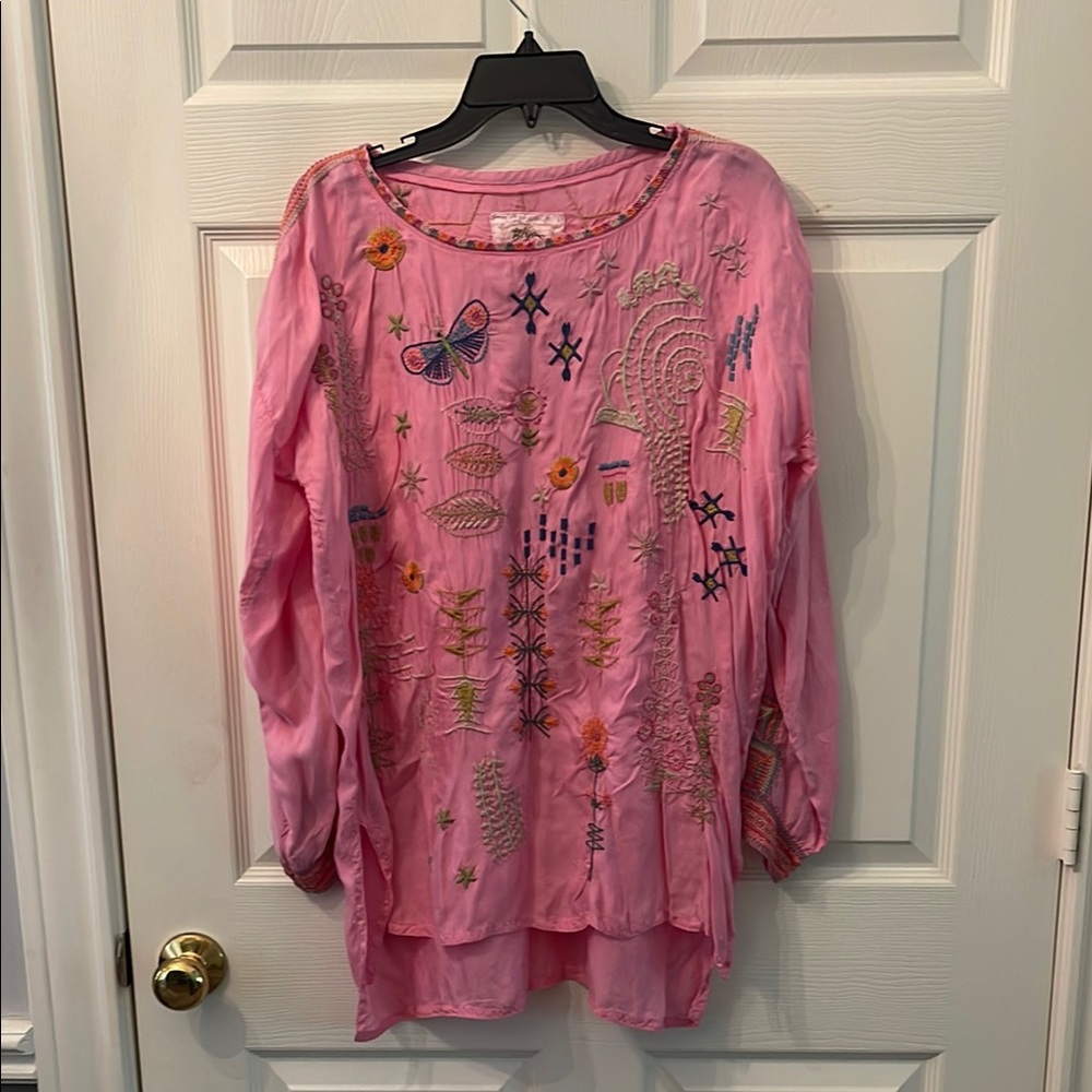 Johnny Was Pink Floral Embroidered Blouse